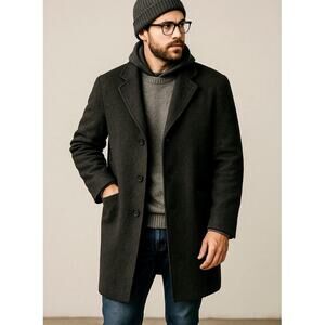 NEW! Nautica 44R Wool $399 Cashmere Trench Coat 3 Button Mid Length Jacket Black